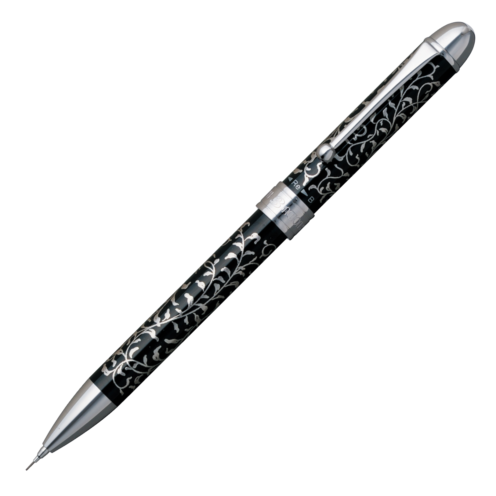 "Pilot ballpoint pen with intricate silver floral engravings on a black body, chrome accents, and a fine point at the tip."