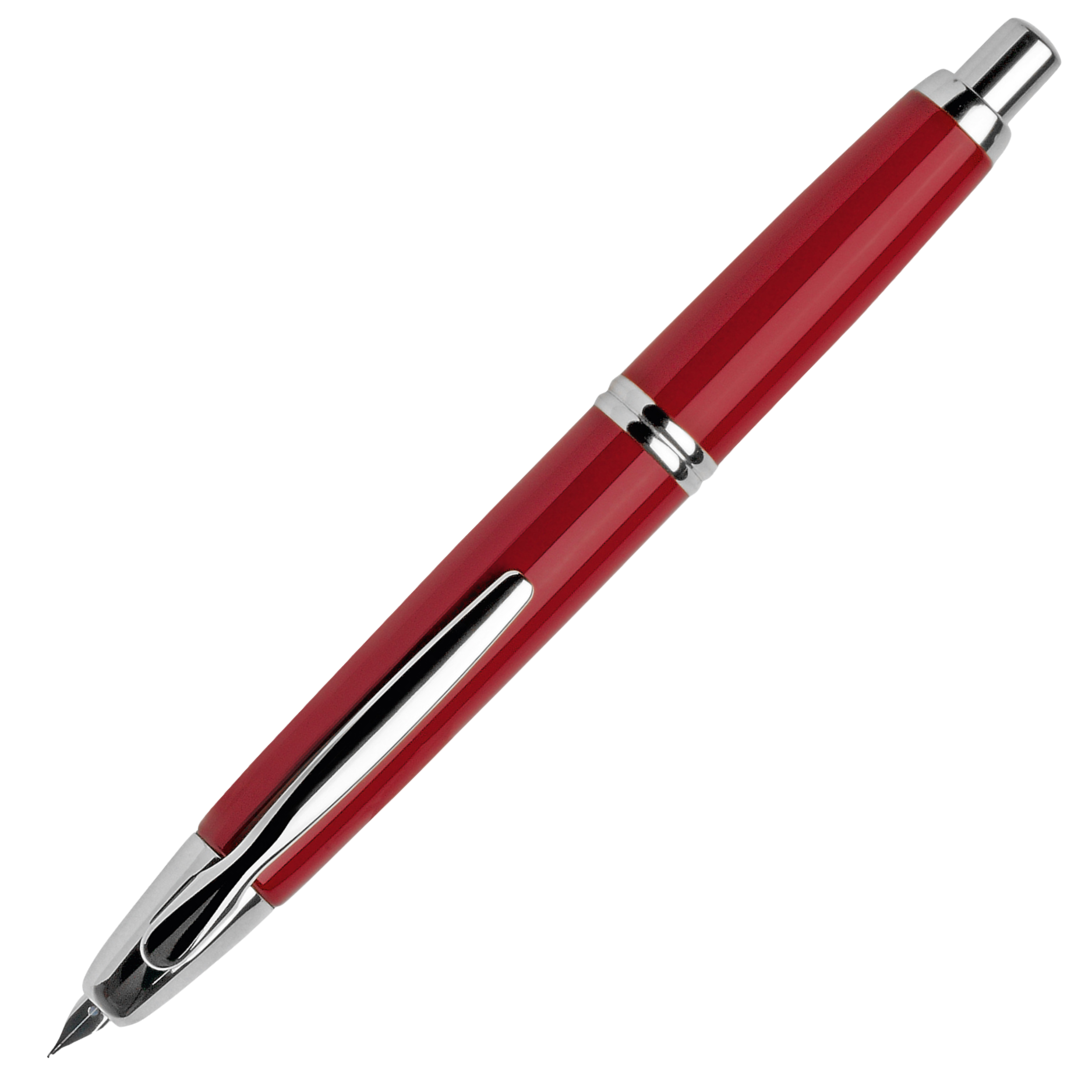 "Pilot Capless Rhodium Füllfederhalter in Rot mit glänzender Oberfläche und Rhodium-Akzenten, 18K Goldfeder und praktischer Klickmechanismus"