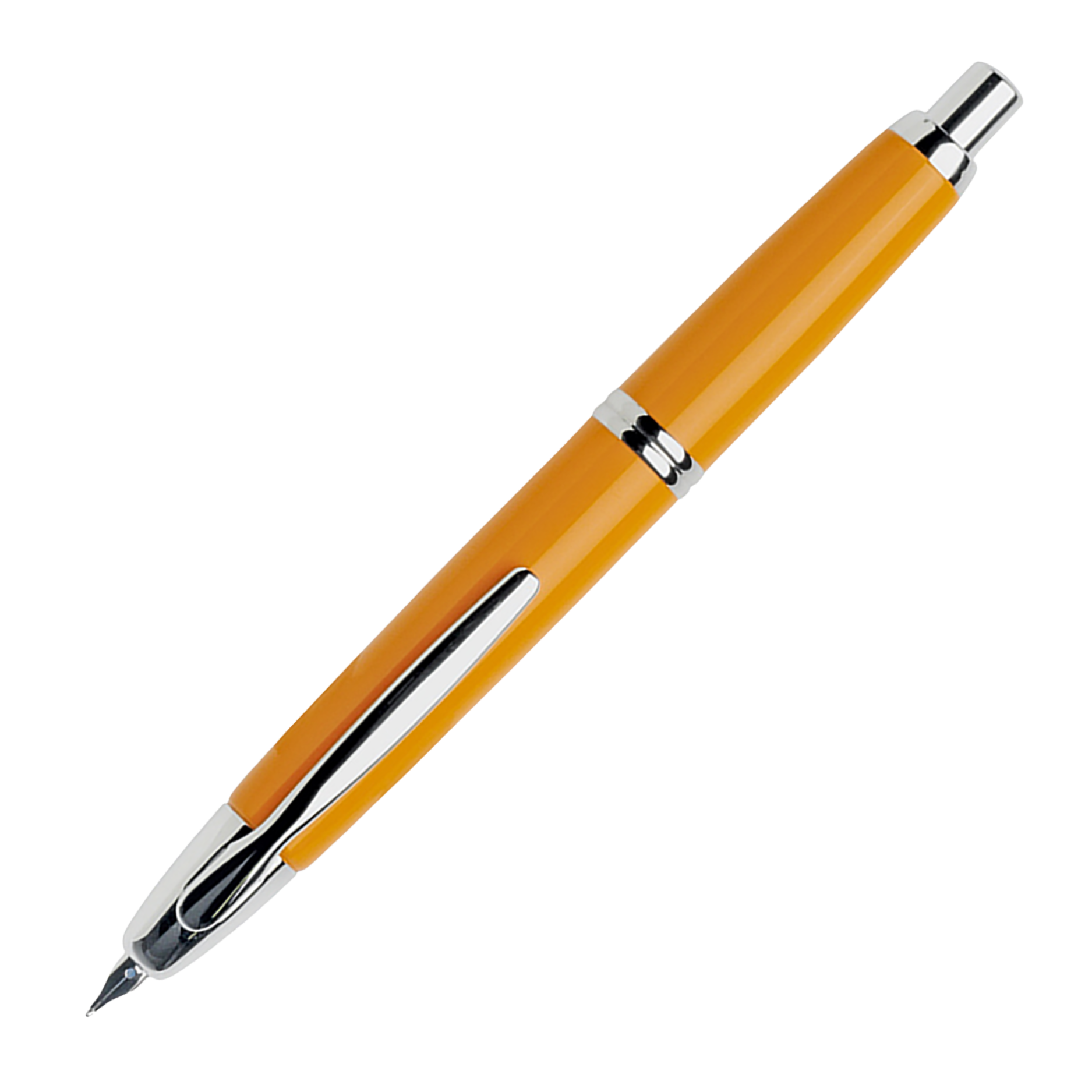 "Pilot Capless Rhodium Füllfederhalter in Gelb mit glänzender Oberfläche und Rhodium-Akzenten, 18K Goldfeder und praktischer Klickmechanismus"