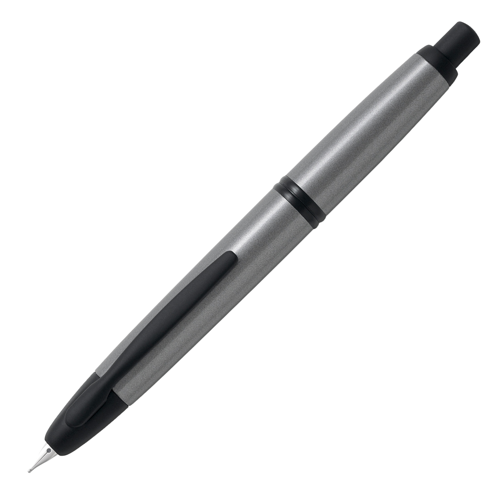 "Pilot Capless Füllfederhalter in Silber mit schwarzem Clip und 18K Goldfeder, eleganter Klickmechanismus für ein präzises Schreiberlebnis"