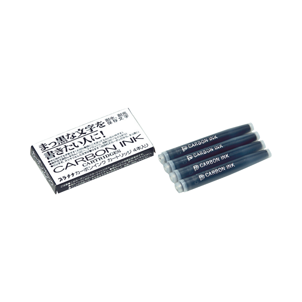 Platinum Carbon Cartridge Ink (box of 4) Black – 4 Patronen in Verpackung mit schwarzer Pigmenttinte.