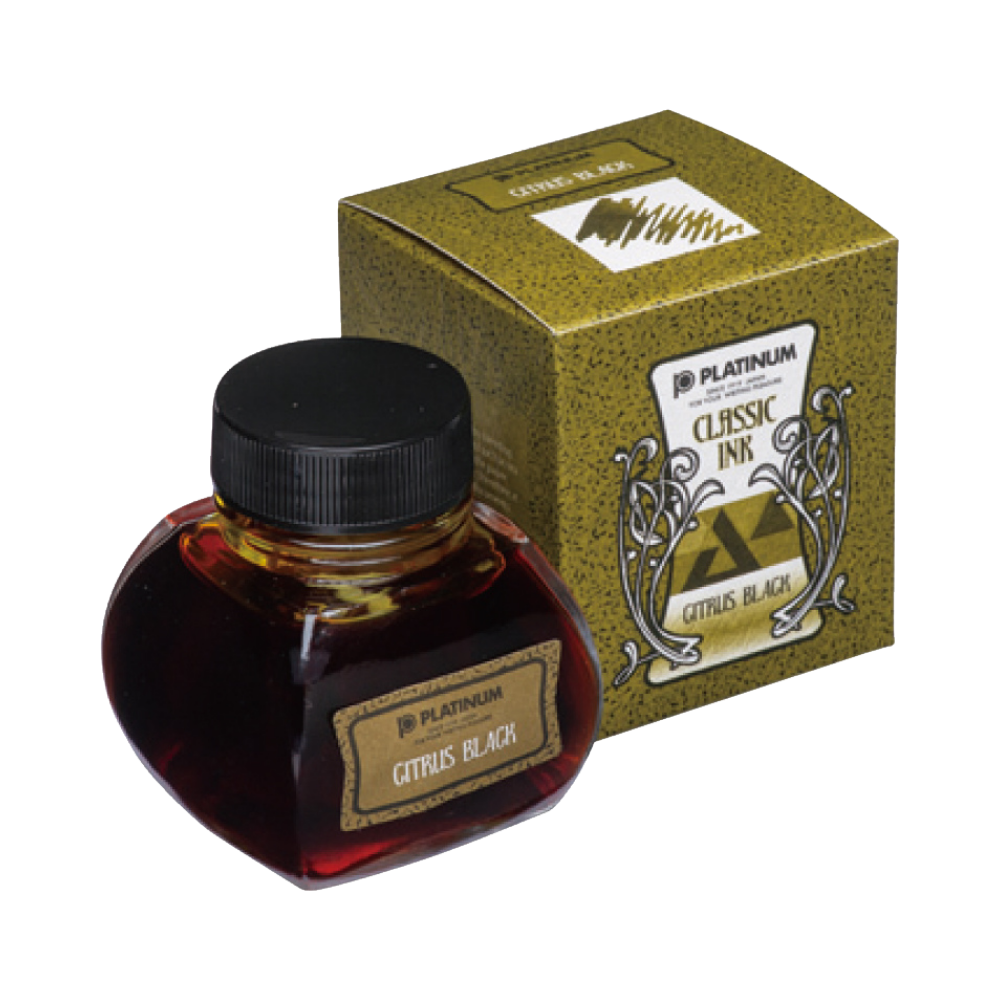 Platinum Classic Ink 60ml Citrus Black in Glasflasche, gelbe Eisen-Gall-Tinte für kreative Schreibprojekte und Kunstwerke.