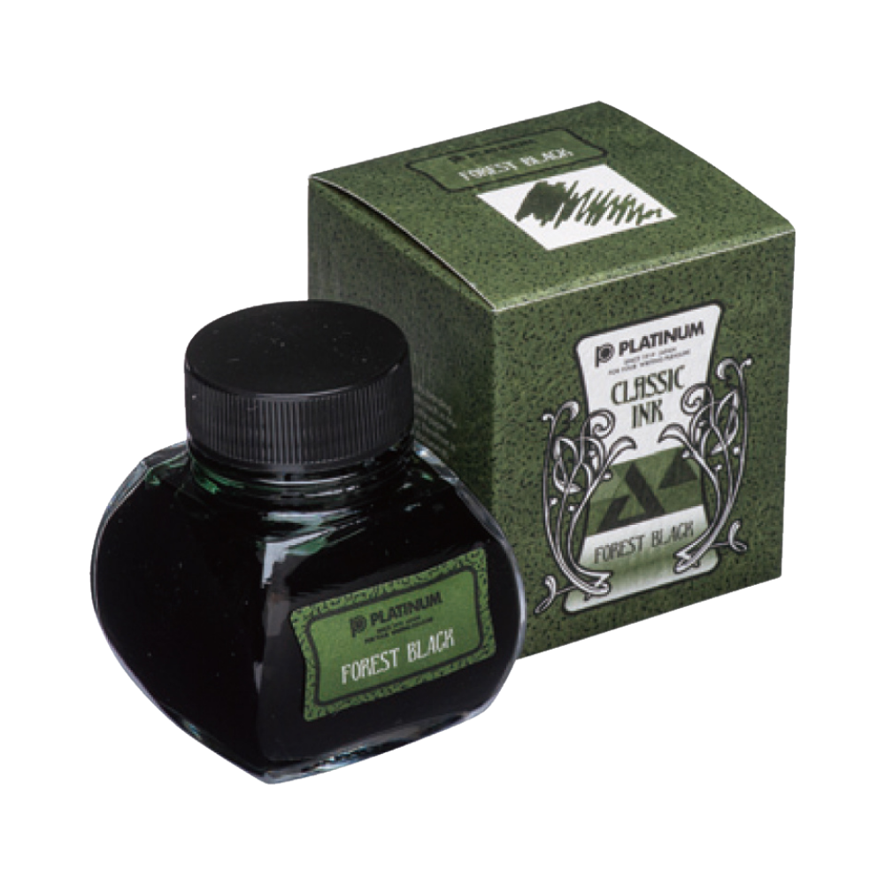 Platinum Classic Ink 60ml Forest Black in Glasflasche, wasserbeständige Tinte in tiefem Grün für Füllfederhalter.