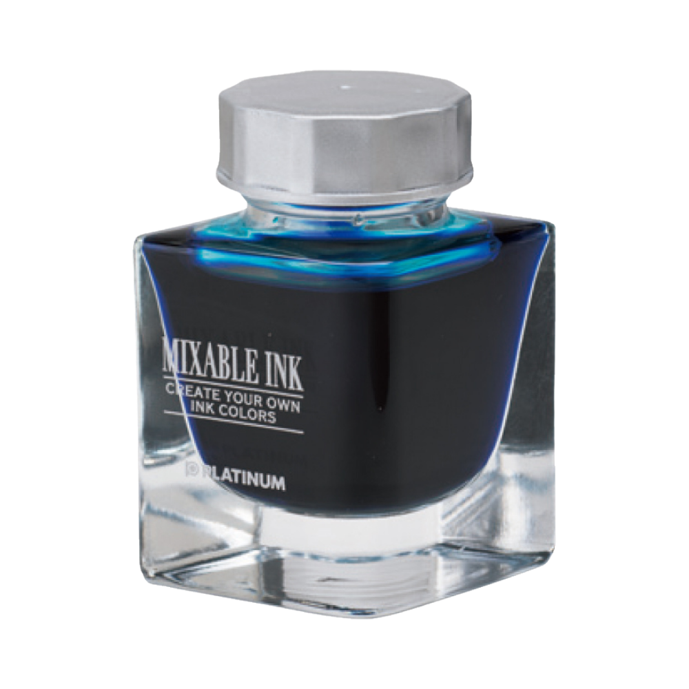 Platinum Mixable Ink 20ml Aqua Blue in diamantförmiger Glasflasche, leuchtend blaue Tinte für kreative Farbmischungen.