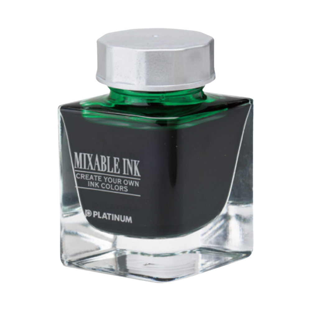Platinum Mixable Ink 20ml Leaf Green in diamantförmiger Glasflasche, grüner Farbton für kreative Farbmischungen.