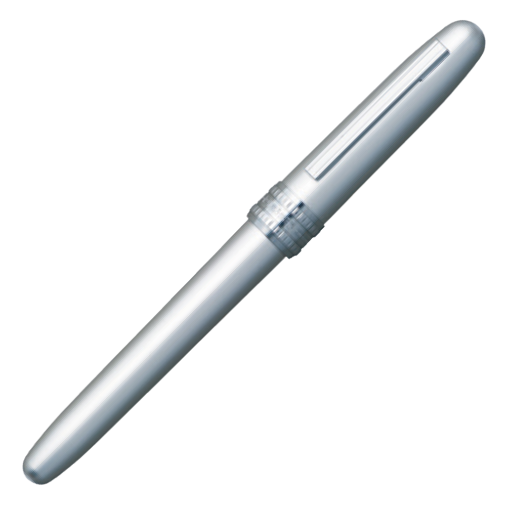 Platinum Plaisir Ice White Füllfederhalter – Nahaufnahme des silbernen Aluminium-Korpus mit feiner Stahlfeder.