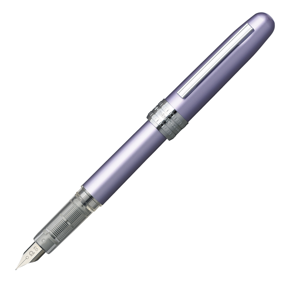 Platinum Plaisir Violet Füllfederhalter in Hellviolett mit silbernen Akzenten und feiner Stahlfeder.