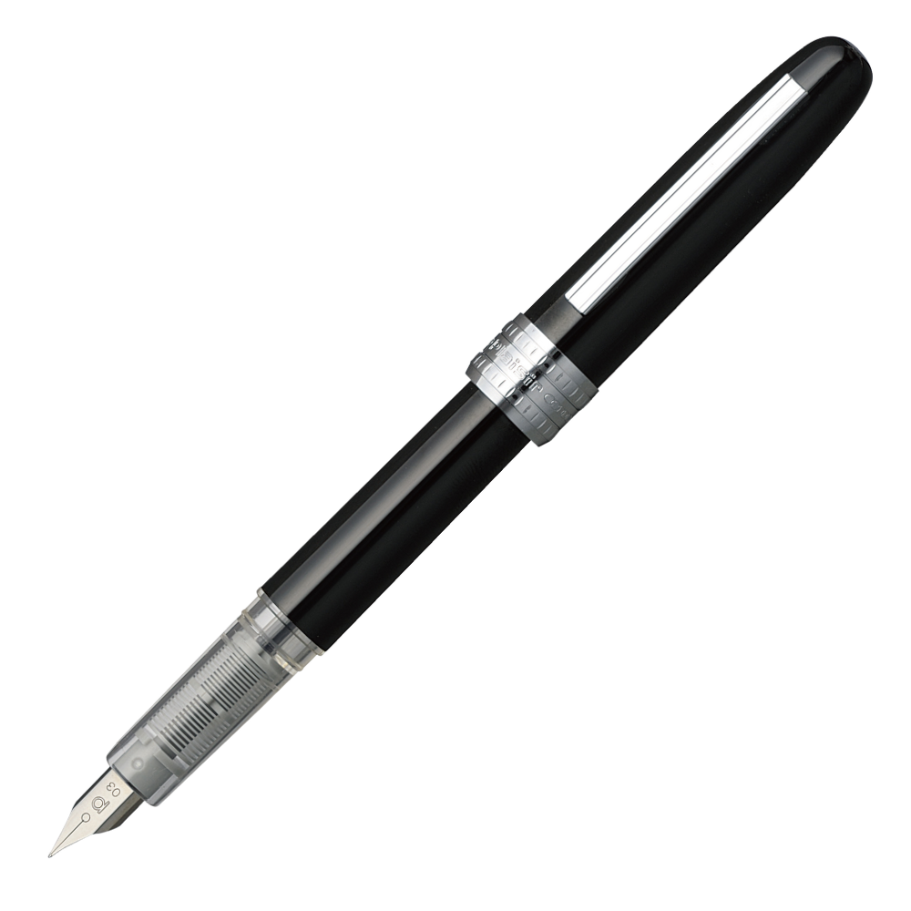 Platinum Plaisir Black Füllfederhalter in Schwarz mit silbernen Akzenten und feiner Stahlfeder.