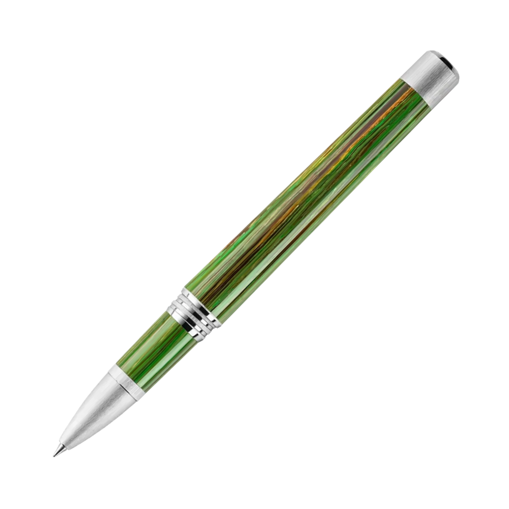Close-up view of Montegrappa Zero Zodiac Virgo Palladium IP Steel Rollerball Pen's tip