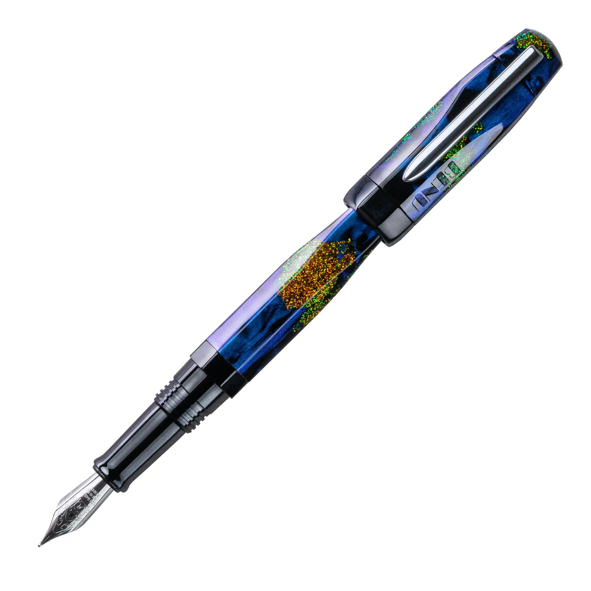 Benu AstroGem Echo Füllfederhalter aus blau-lila Resin mit grün-gelbem Glitzereffekt und Edelstahlclip
