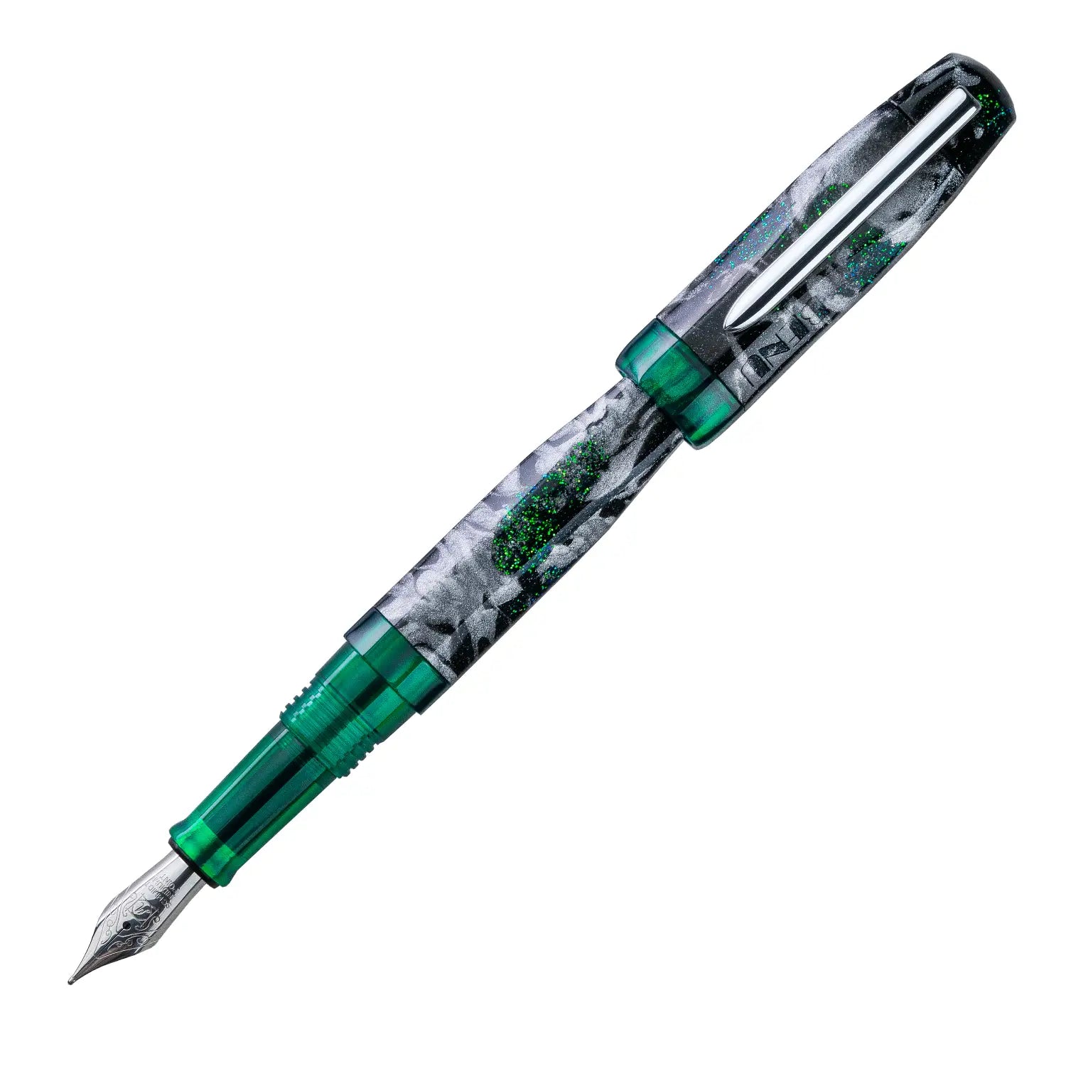 Benu AstroGem Leto Füllfederhalter aus graphitfarbenem Resin mit Perlgrau und grün-blauem Glitzereffekt und Edelstahlclip