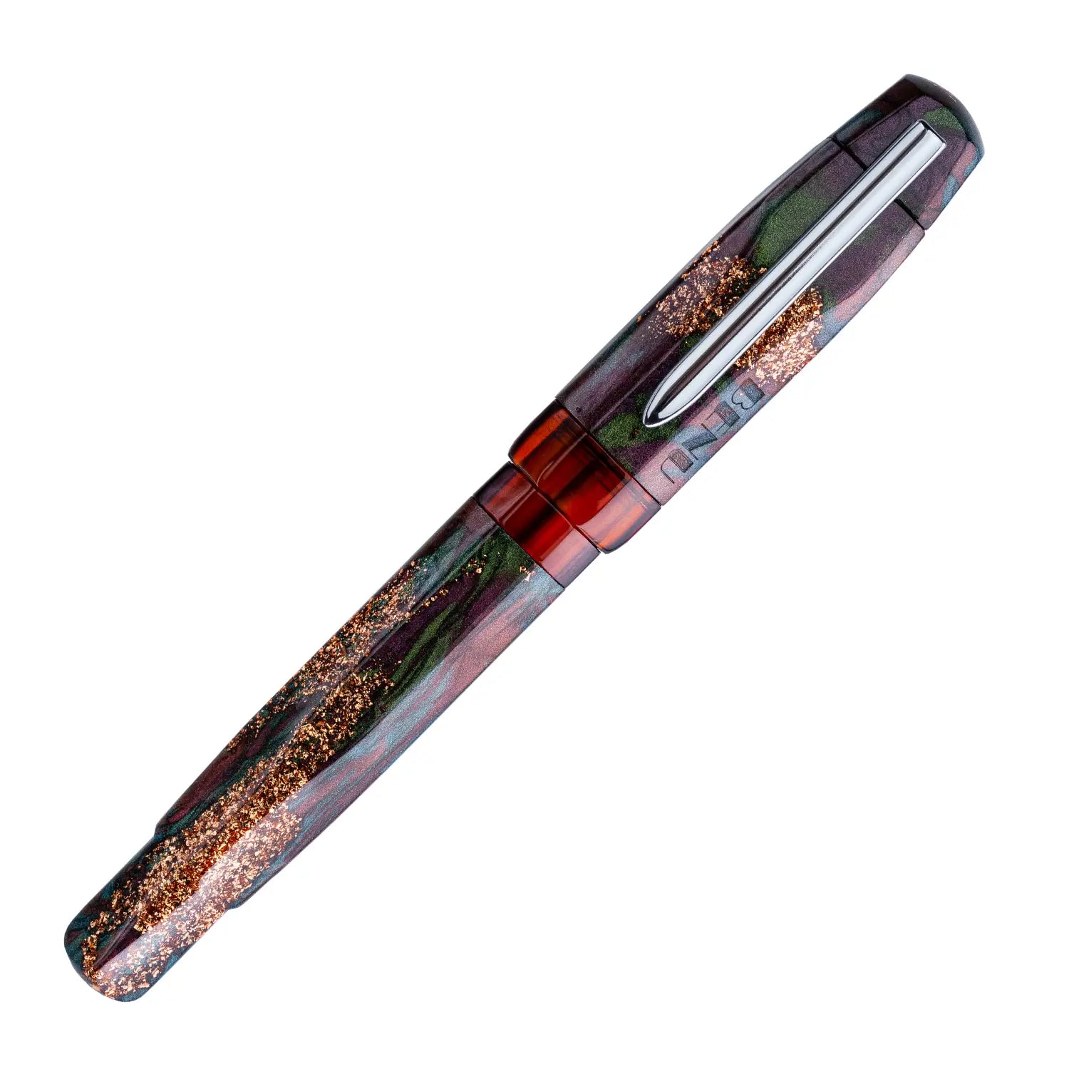 Benu AstroGem Midas Füllfederhalter aus olivgrünem Resin mit Dunkelbraun und kupferfarbenem Glitzereffekt und Edelstahlclip
