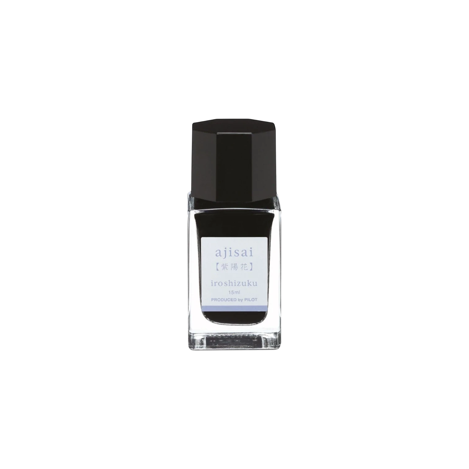 Landsiedel Fine Writing Pilot iroshizuku Tinte Ajisai in einem eleganten 15ml Glasflakon auf schwarzem Hintergrund