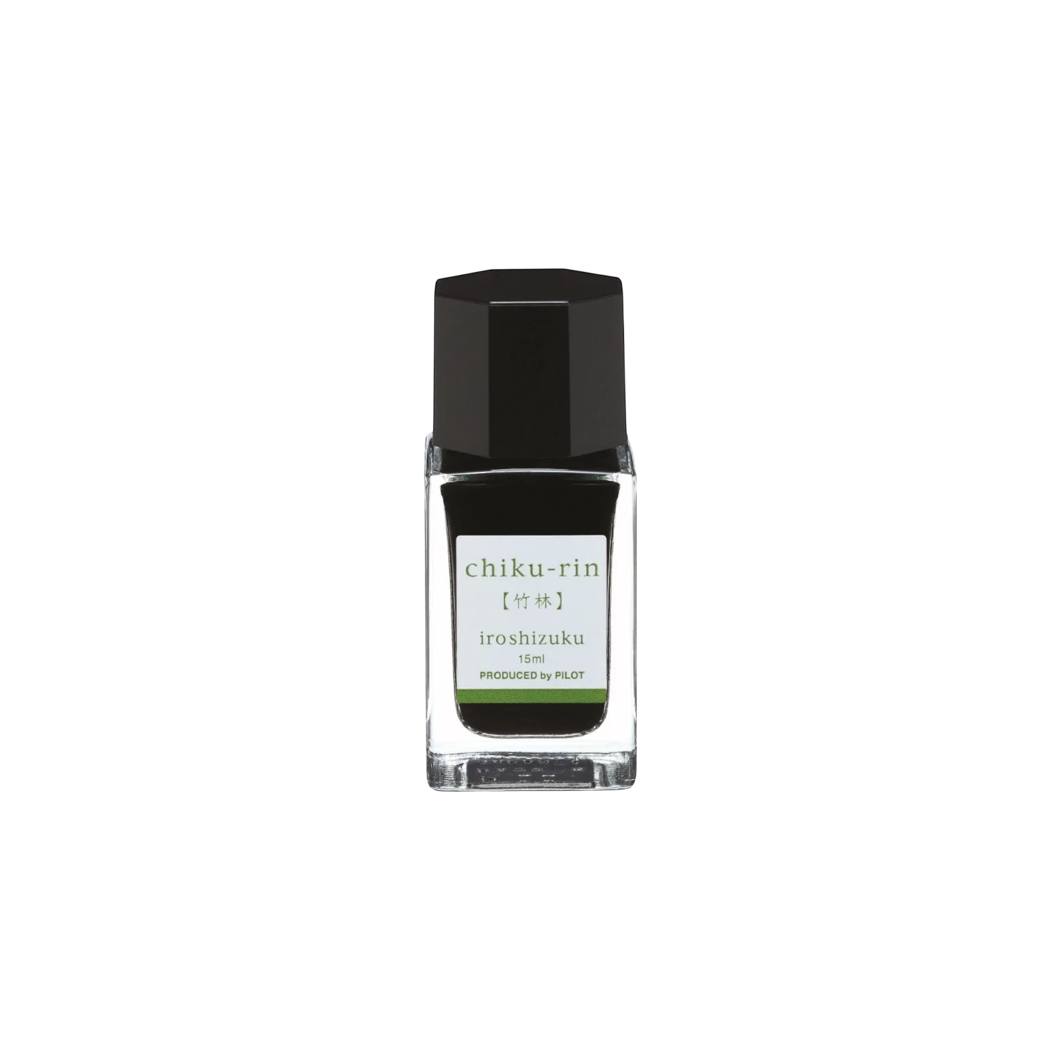 Landsiedel Fine Writing Pilot iroshizuku Tinte Chiku-rin in einem eleganten 15ml Glasflakon auf schwarzem Hintergrund