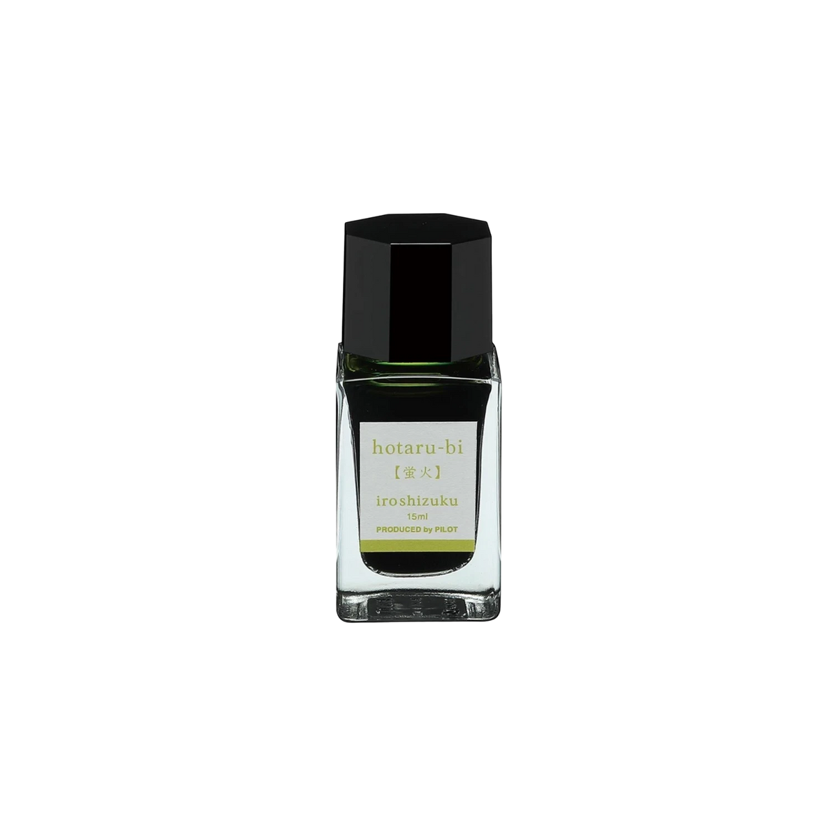 Landsiedel Fine Writing Pilot iroshizuku Füllhaltertinte hotaru-bi in einem eleganten 15ml Glasflakon auf schwarzem Grund